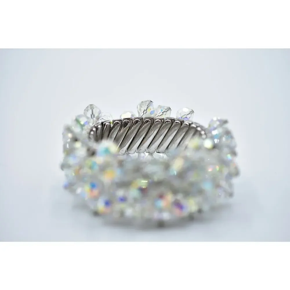 Vintage Crystal Cluster Bangle Bracelet Aurora Borealis Deco Japan Signed Bin2
